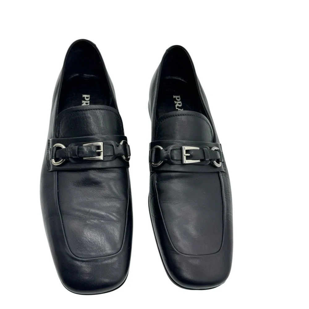 Prada Black Leather Buckle‎ Loafers Men's US 7 Made in Italy New In Box - Picture 2 of 13